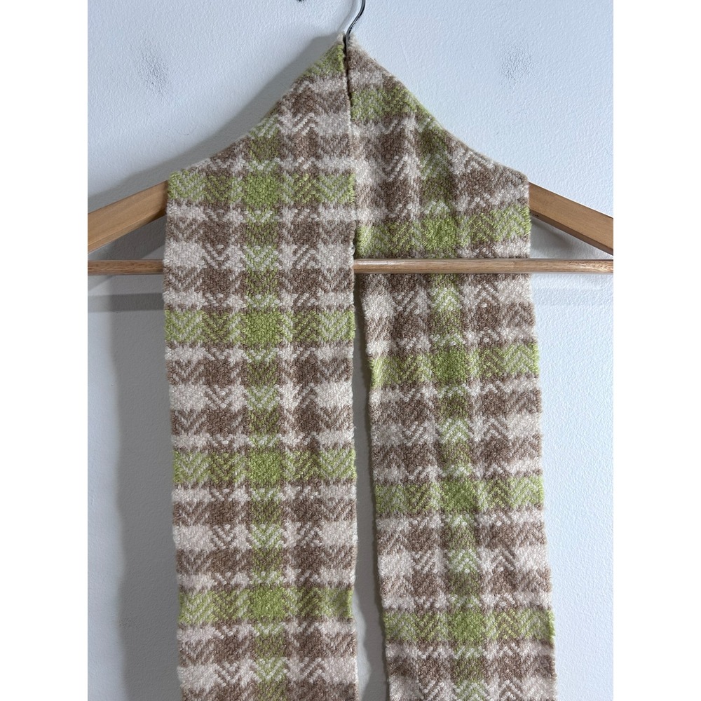 Banana Republic Plaid Scarf Green Tan Cashmere Lambswool Rabbit Fringe Tassel